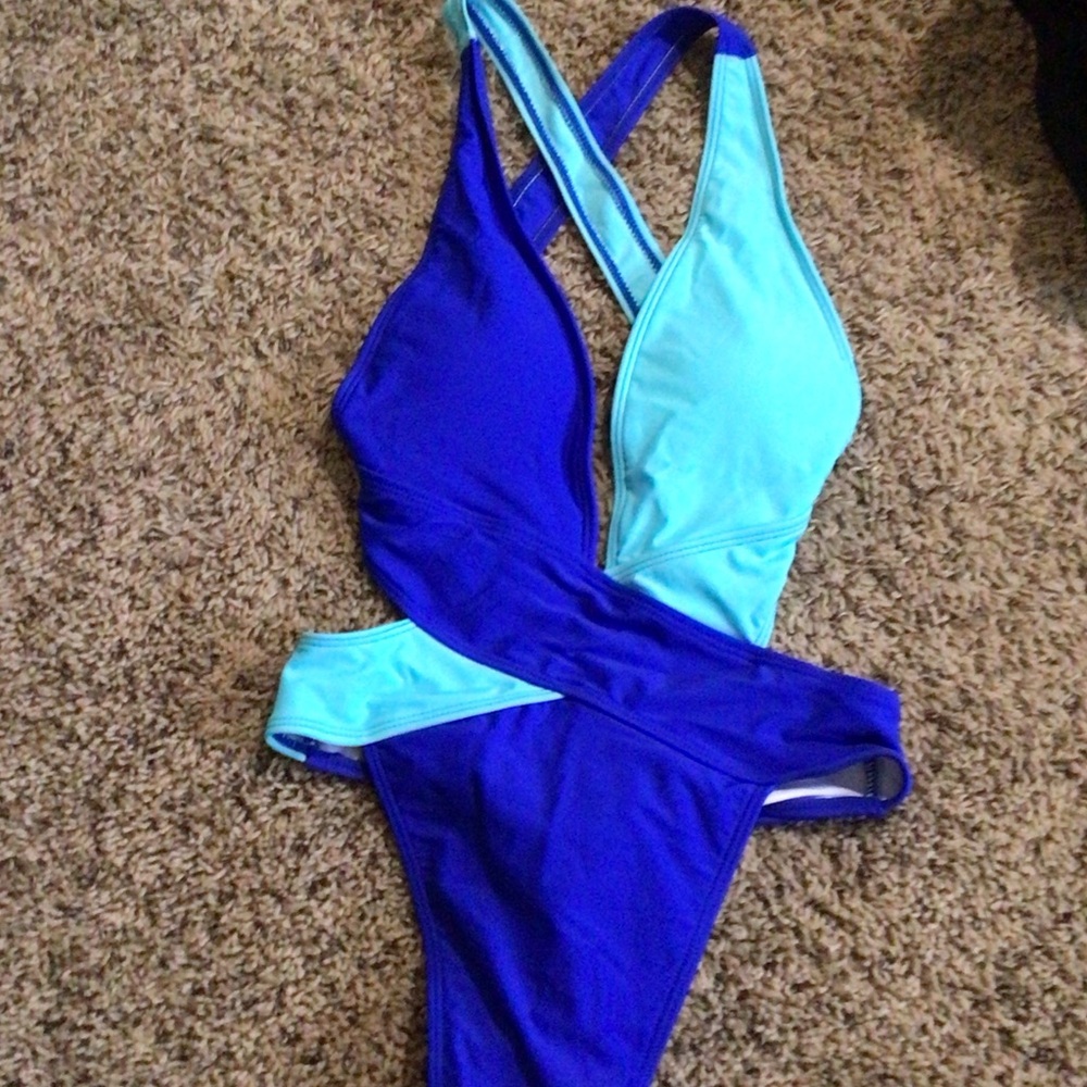 SHEIN Blue and Aqua Cross-Strap Swimsuit